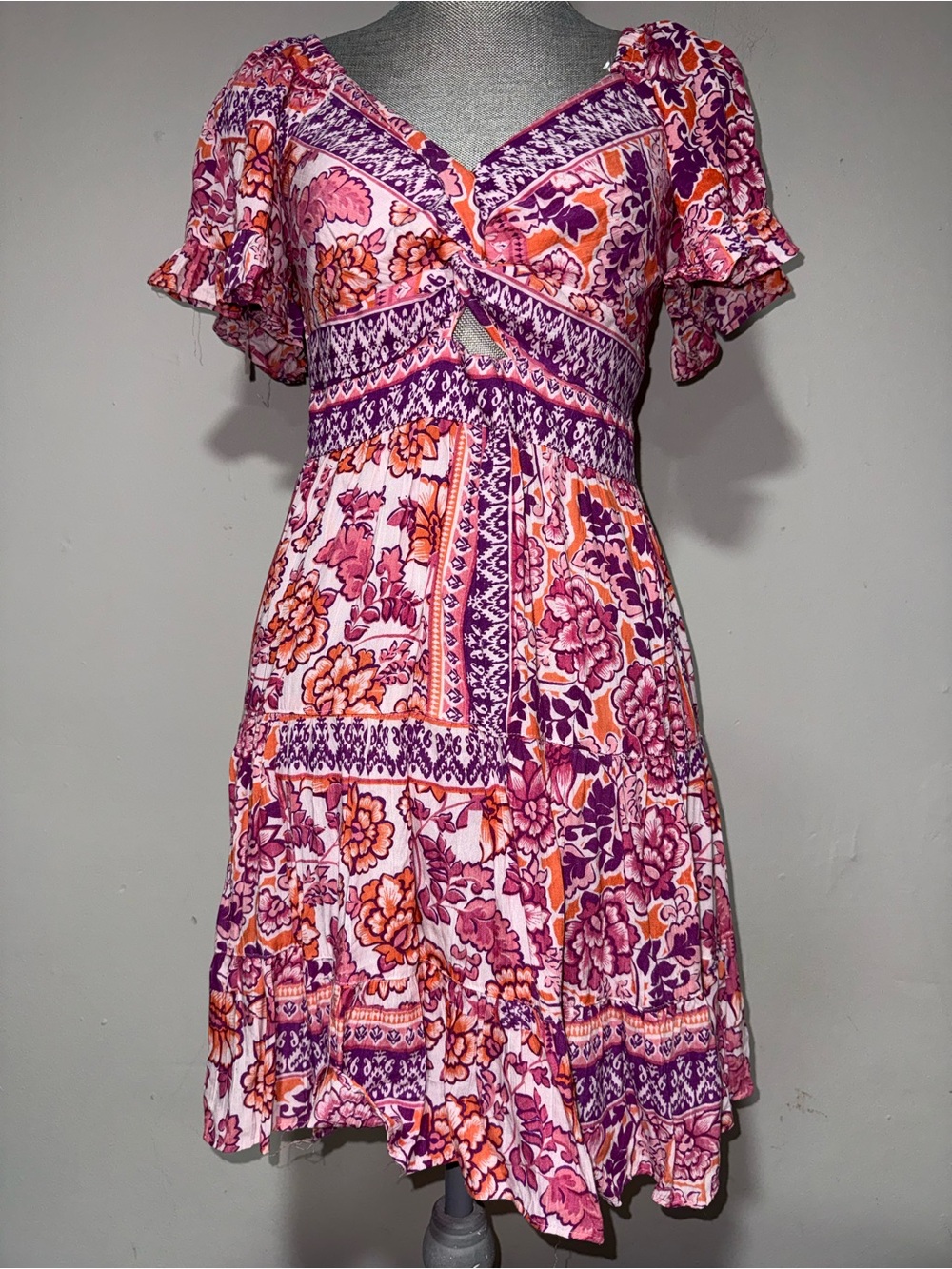 ANGIE Boho Floral Flutter-Sleeve Dress in Pink & Purple